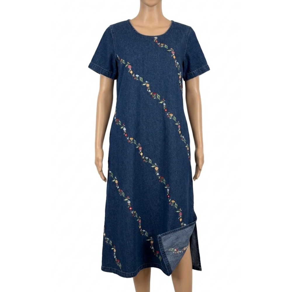 La Cera‎ 90s 100% Cotton Embroidered Floral Denim Dress Small Cottagecore Jean